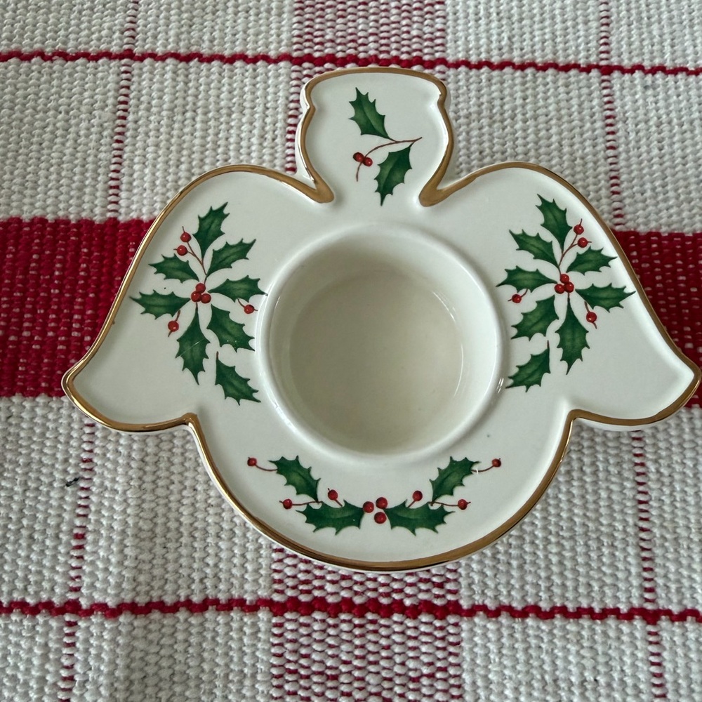 Lenox Cream Angel Candle Holder with Red Holly Accents